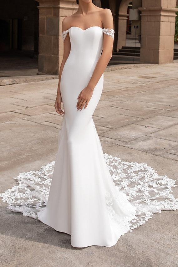 Mermaid Beach Wedding Dresses Off Shoulder Short Sleeve Bridal Gowns Simple Plus Size Court Train