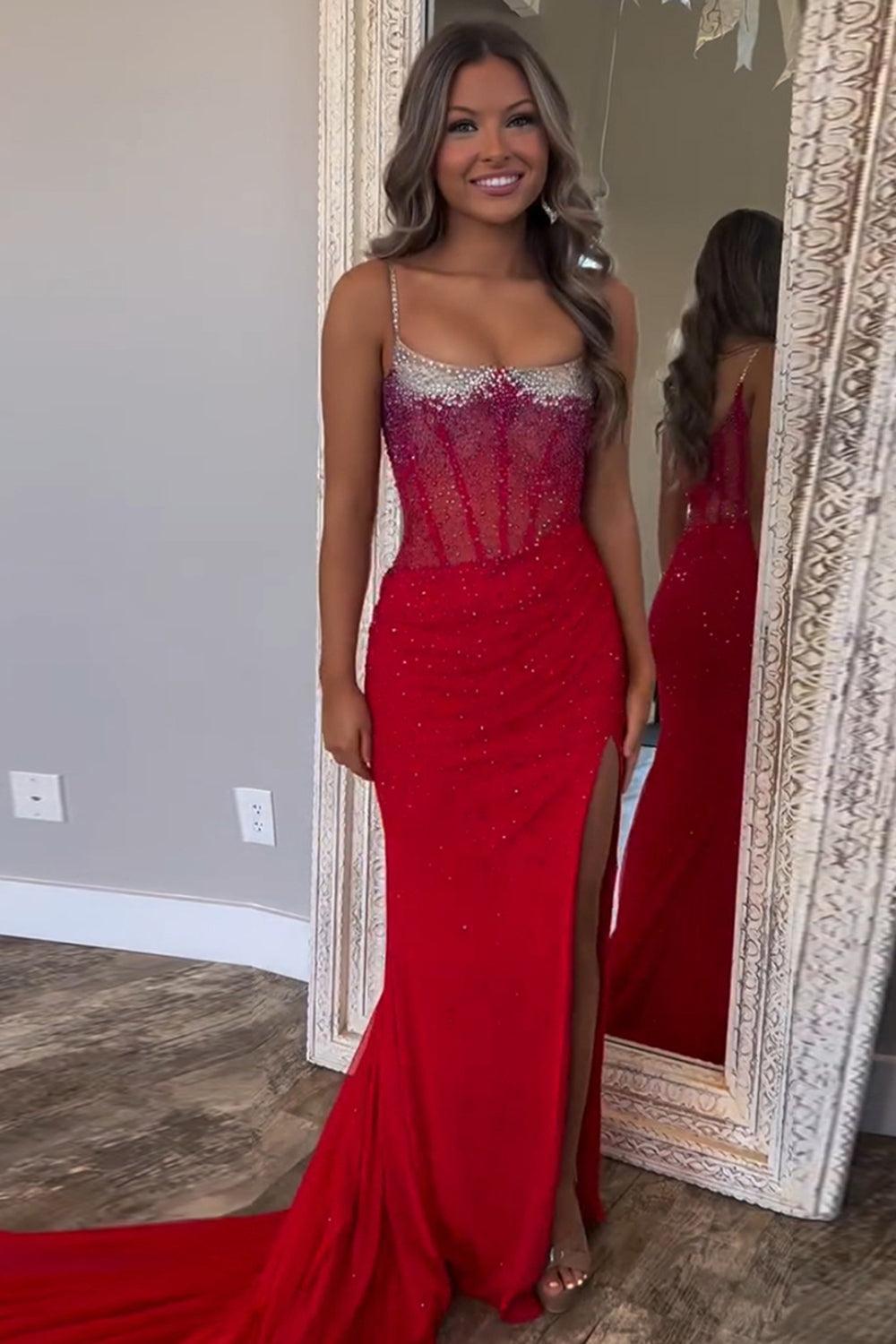 Mermaid Black Prom Dress Spaghetti Straps Corset Long Formal Dress With Slit