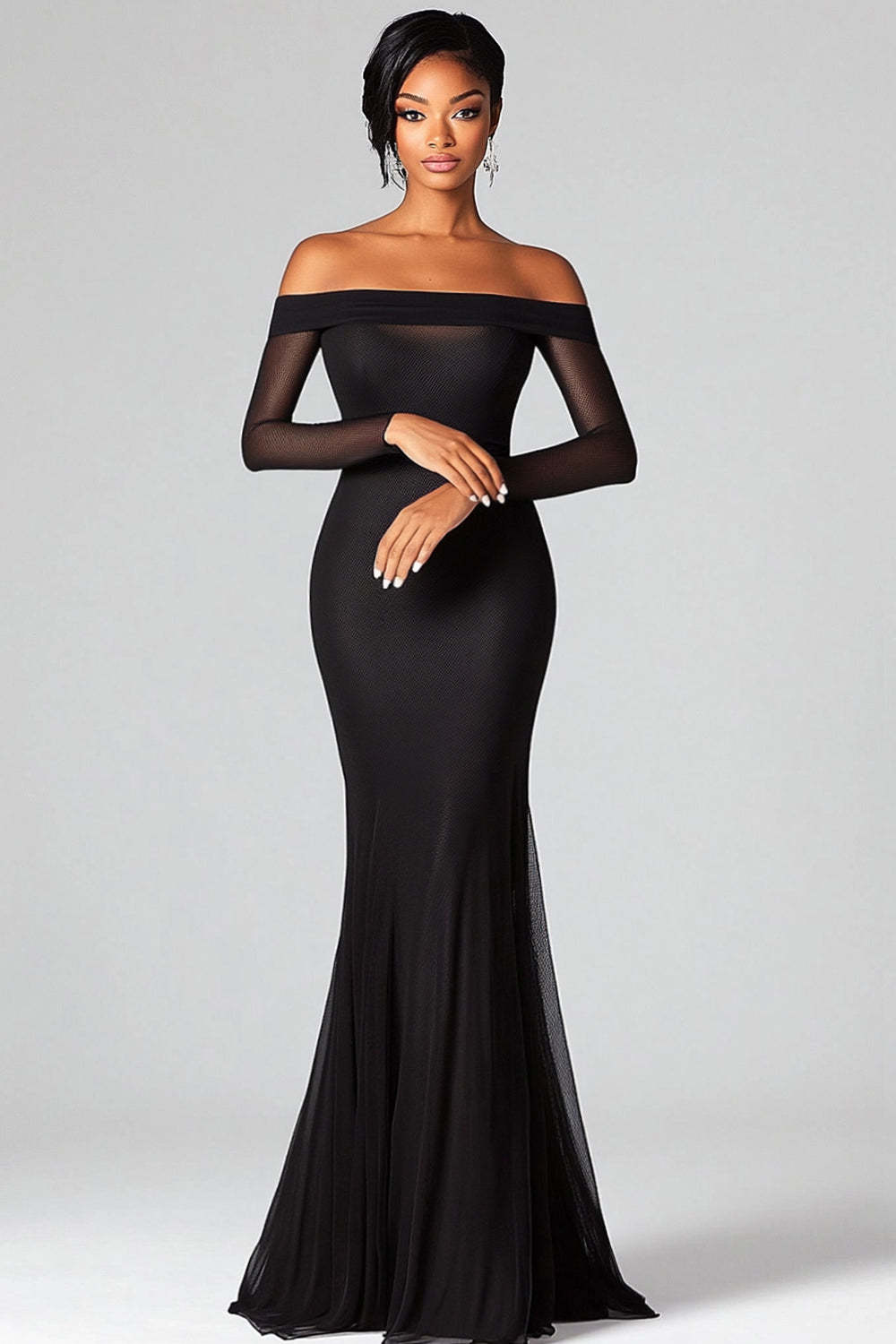Mermaid Black Wedding Guest Dress Off The Shoulder Formal Dress With Mesh Long Sleeves