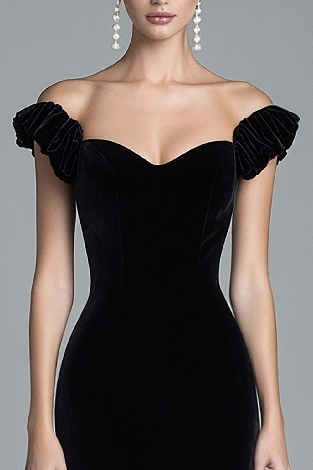 Mermaid Black Wedding Guest Dress Velvet Off The Shoulder Long Formal Dress