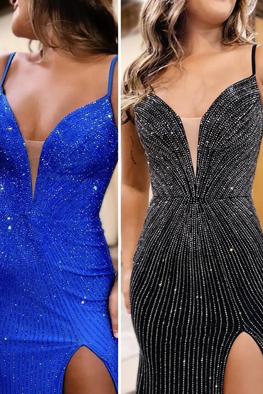 Mermaid Blue Prom Dress Spaghetti Straps Long Formal Dress With Slit