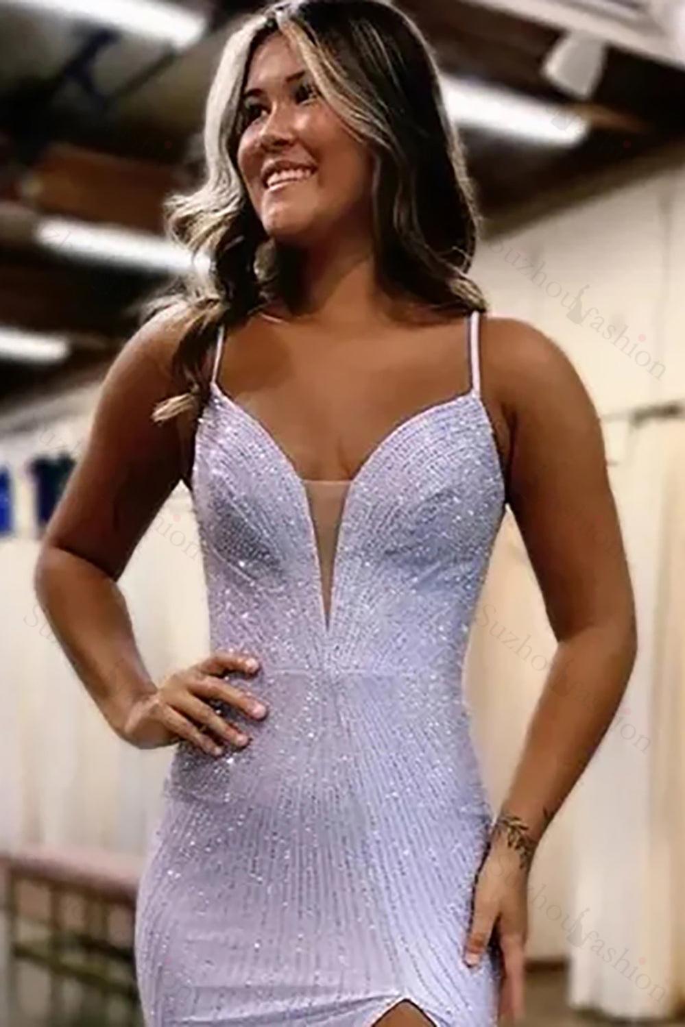 Mermaid Blue Prom Dress Spaghetti Straps Long Formal Dress With Slit