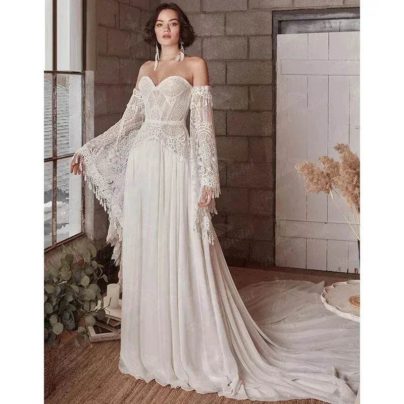 Mermaid Bohemian Wedding Dresses Women's Lace Flare Sleeve Elegant Sweetheart Strapless Chiffon Bridal Gowns A-Line Robe Vestido (ZD14182)