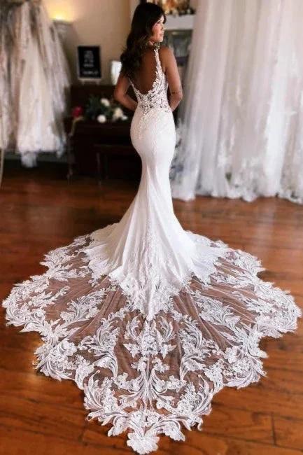 Mermaid Fabulous Floor-Length Stain V-Neck Sleeveless Lace Wedding Dresses with Appliques (ZD15756)