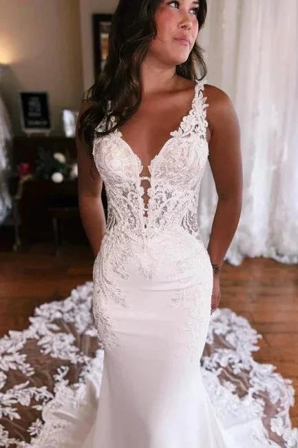 Mermaid Fabulous Floor-Length Stain V-Neck Sleeveless Lace Wedding Dresses with Appliques (ZD15756)