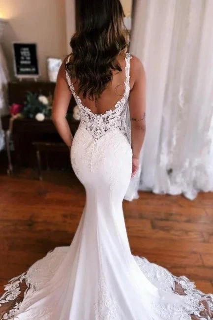 Mermaid Fabulous Floor-Length Stain V-Neck Sleeveless Lace Wedding Dresses with Appliques (ZD15756)