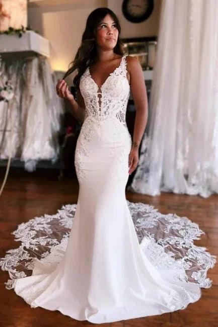 Mermaid Fabulous Floor-Length Stain V-Neck Sleeveless Lace Wedding Dresses with Appliques (ZD15756)