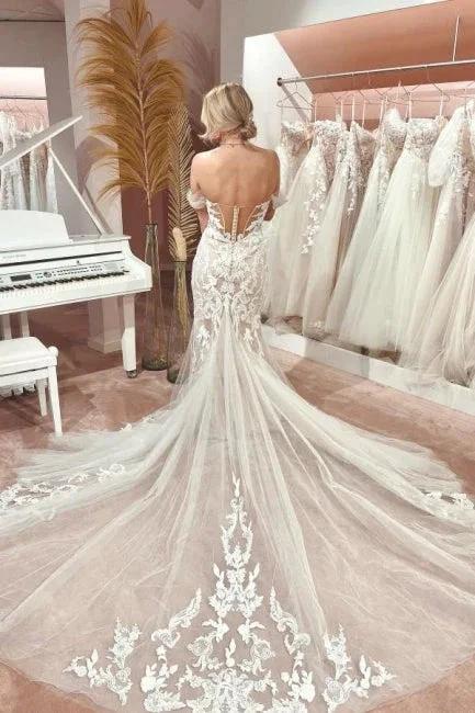 Mermaid Fabulous Tulle Sweetheart Off-The-Shoulder Floor-Length Wedding Dresses with Appliques (ZD15751)