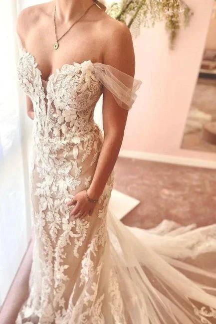 Mermaid Fabulous Tulle Sweetheart Off-The-Shoulder Floor-Length Wedding Dresses with Appliques (ZD15751)