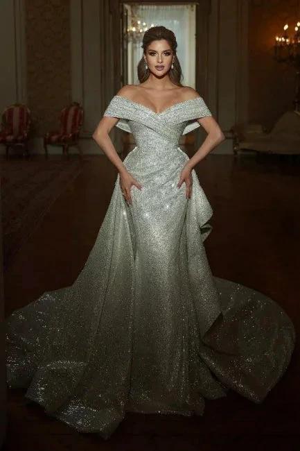 Mermaid Floor-Length Off-The-Shoulder V-Neck Sleeveless A-Line Sequins Wedding Dresses with Ruffles (ZD16491)