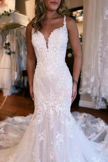 Mermaid Floor-Length Spaghetti Straps Sweetheart Tulle Wedding Dresses with Appliques (ZD15755)