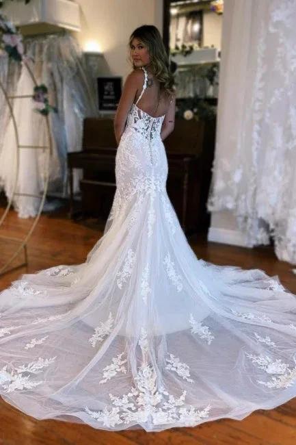 Mermaid Floor-Length Spaghetti Straps Sweetheart Tulle Wedding Dresses with Appliques (ZD15755)