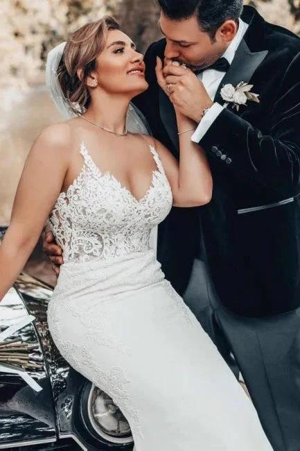 Mermaid Floor-Length Sweetheart Appliques Stain Spaghetti Straps Sleeveless Wedding Dresses with Lace (ZD15739)