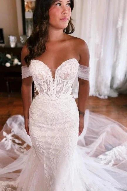 Mermaid Floor-Length Sweetheart Strapless Off-The-Shoulder Wedding Dresses with Appliques (ZD15749)