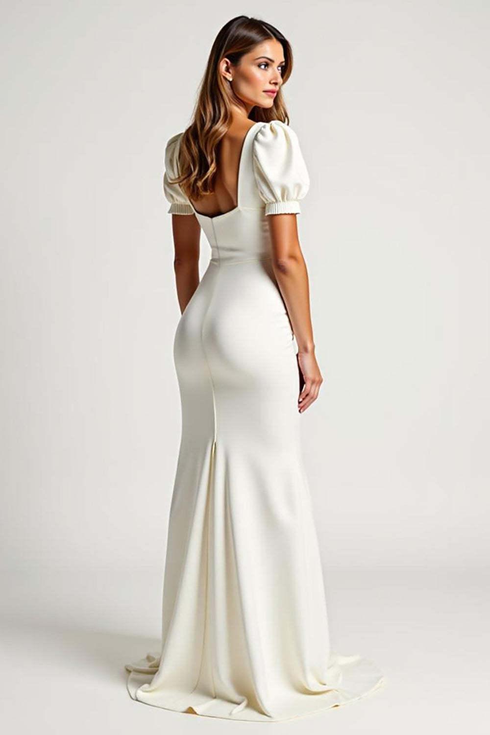 Mermaid Ivory Square Neck Crepe Long Formal Dress With Puff Sleeves