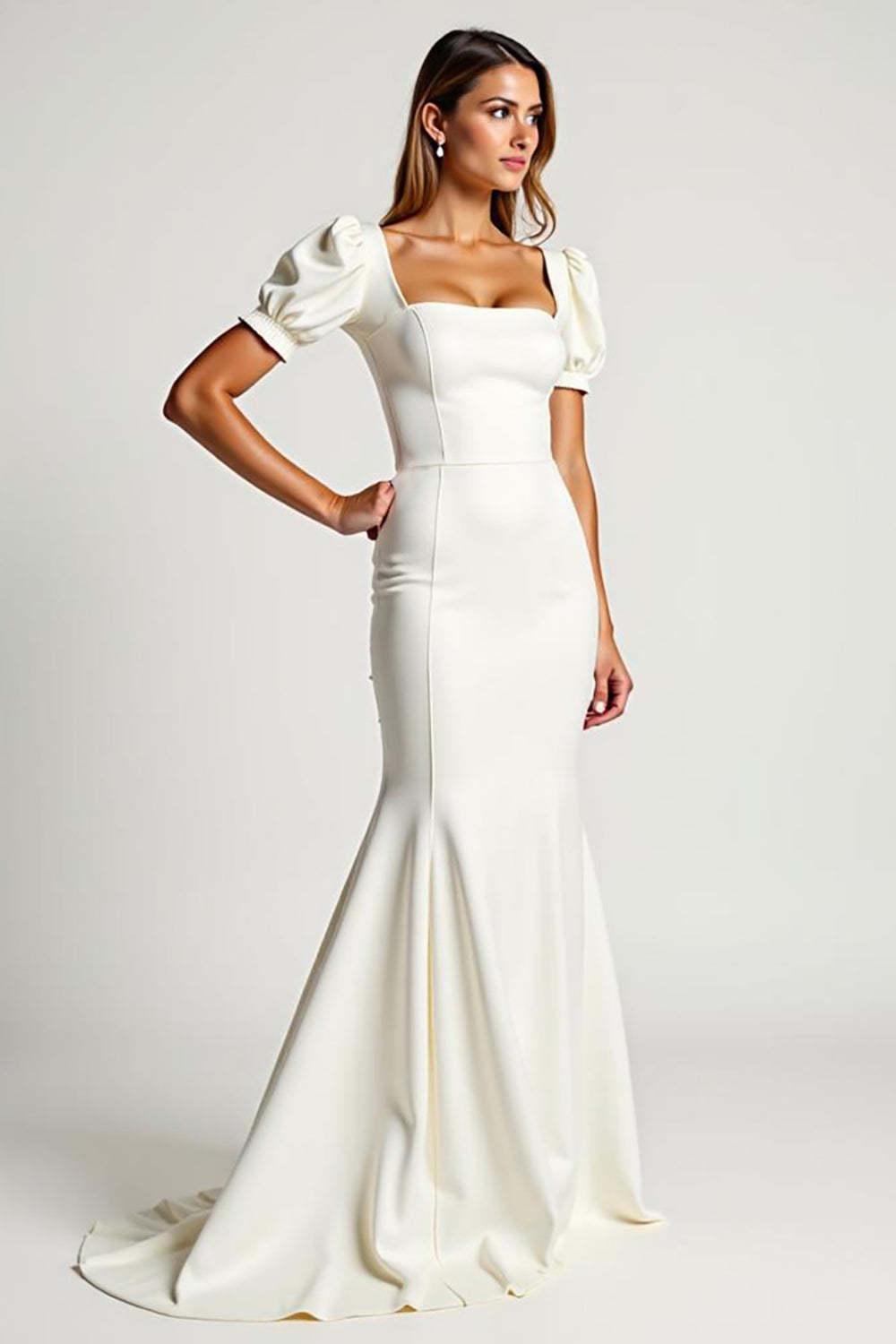 Mermaid Ivory Square Neck Crepe Long Formal Dress With Puff Sleeves