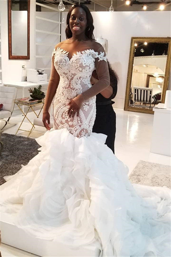 Mermaid Lace Appliques Tulle Wedding Dresses | Long Sleeves Delicate Bridal Gowns