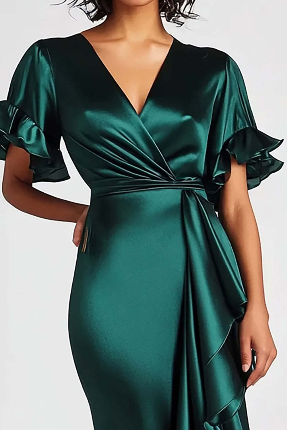 Mermaid Long Dark Green Wedding Guest Dress Satin Formal Dress With Short Sleeves