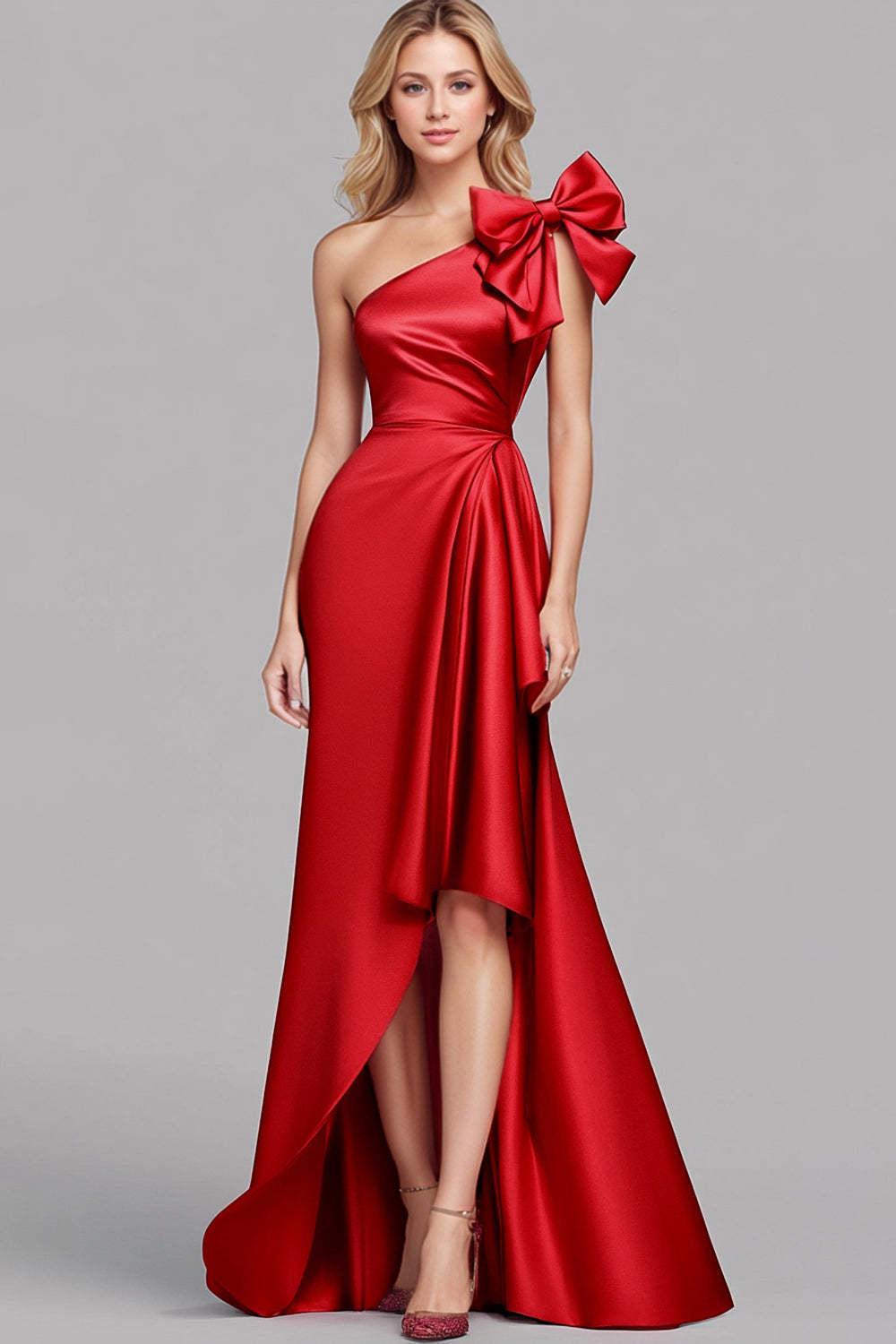 Mermaid Long Red Wedding Guest Dress One Shoulder Satin Formal Dress With Bow