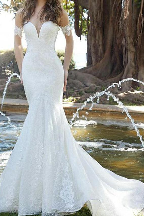 Mermaid Off Shoulder Strapless Lace Tulle Short Sleeve Bridal Gowns Romantic Wedding Dresses Sweep Train