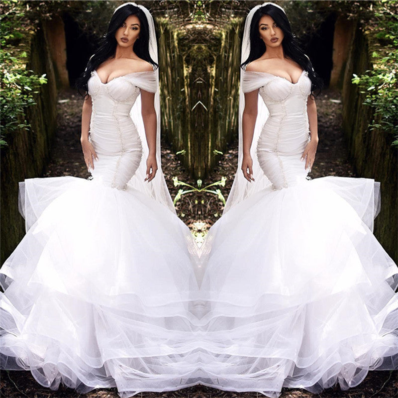 Mermaid Off The Shoulder Wedding Dresses  | Tiered Tulle Sexy Beads Bride Dresses