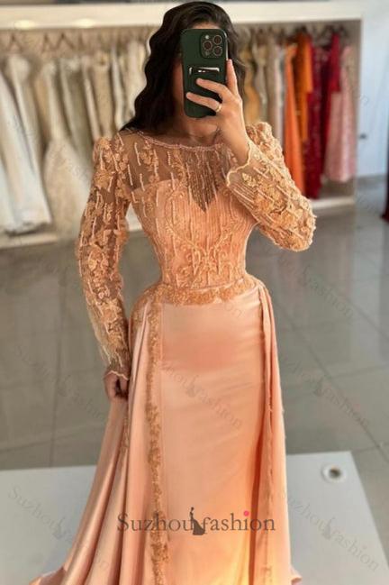 Mermaid Orange Crew Sleeves Lace Floor Length Detachable Panel Train Satin Formal Dress