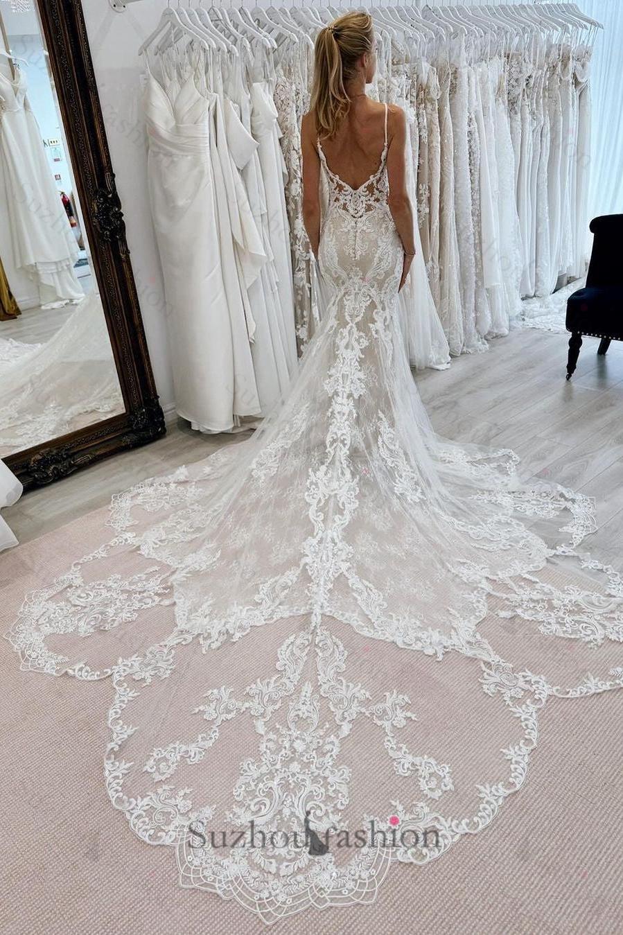 Mermaid Tulle Lace Spaghetti Straps Sleeveless White Wedding Dress Bridal Gown With Appliques Train