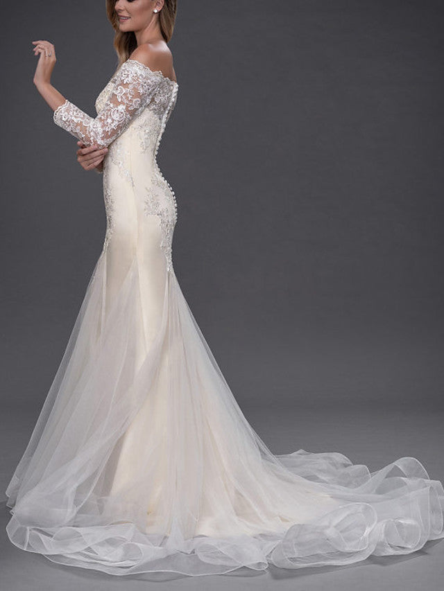 Mermaid Wedding Dress Off Shoulder Lace Tulle 3/4 Length Sleeve Bridal Gowns Simple with Chapel Train