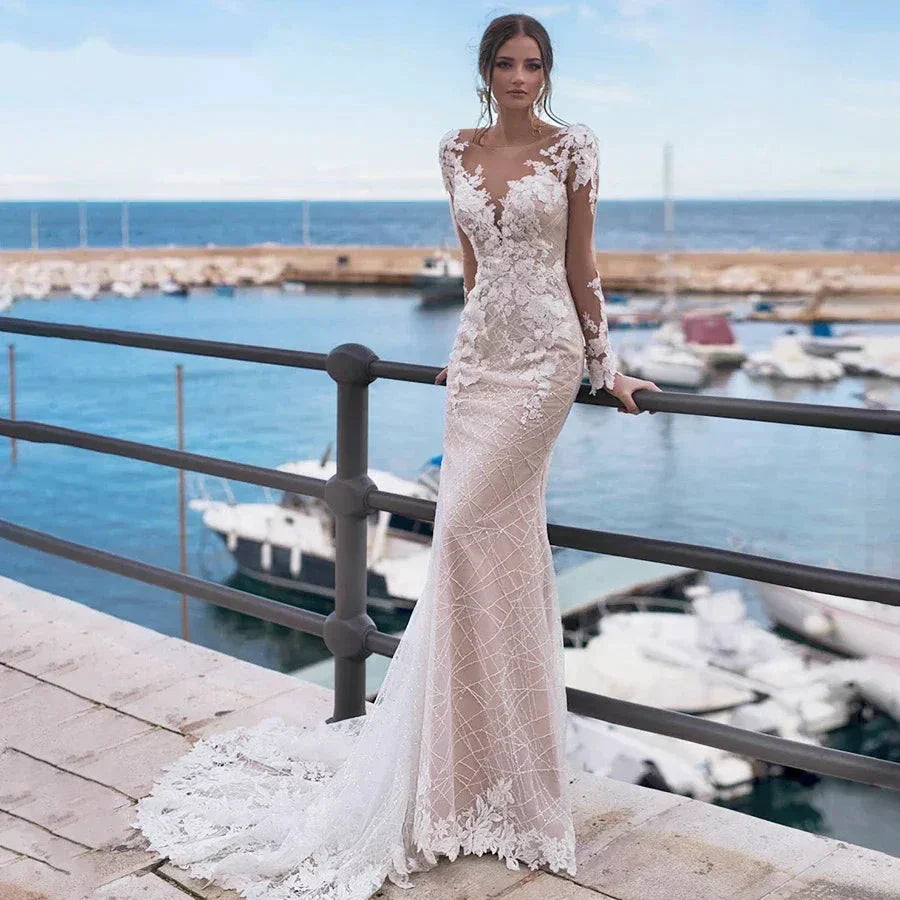 Mermaid Wedding Dress Sexy Women's Backless Long Sleeve Bridal Gowns Embroidery Applique Lace Beach Wedding Party Vesido Noiva by payinti
