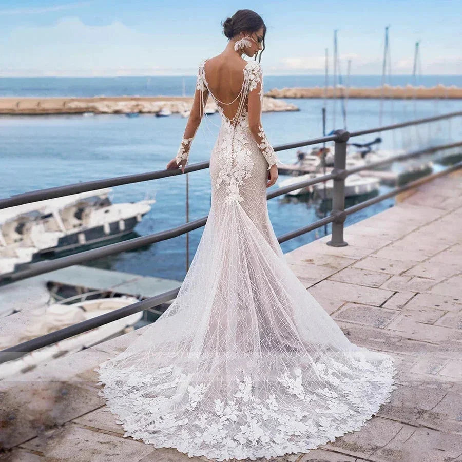 Mermaid Wedding Dress Sexy Women's Backless Long Sleeve Bridal Gowns Embroidery Applique Lace Beach Wedding Party Vesido Noiva (ZD14179)