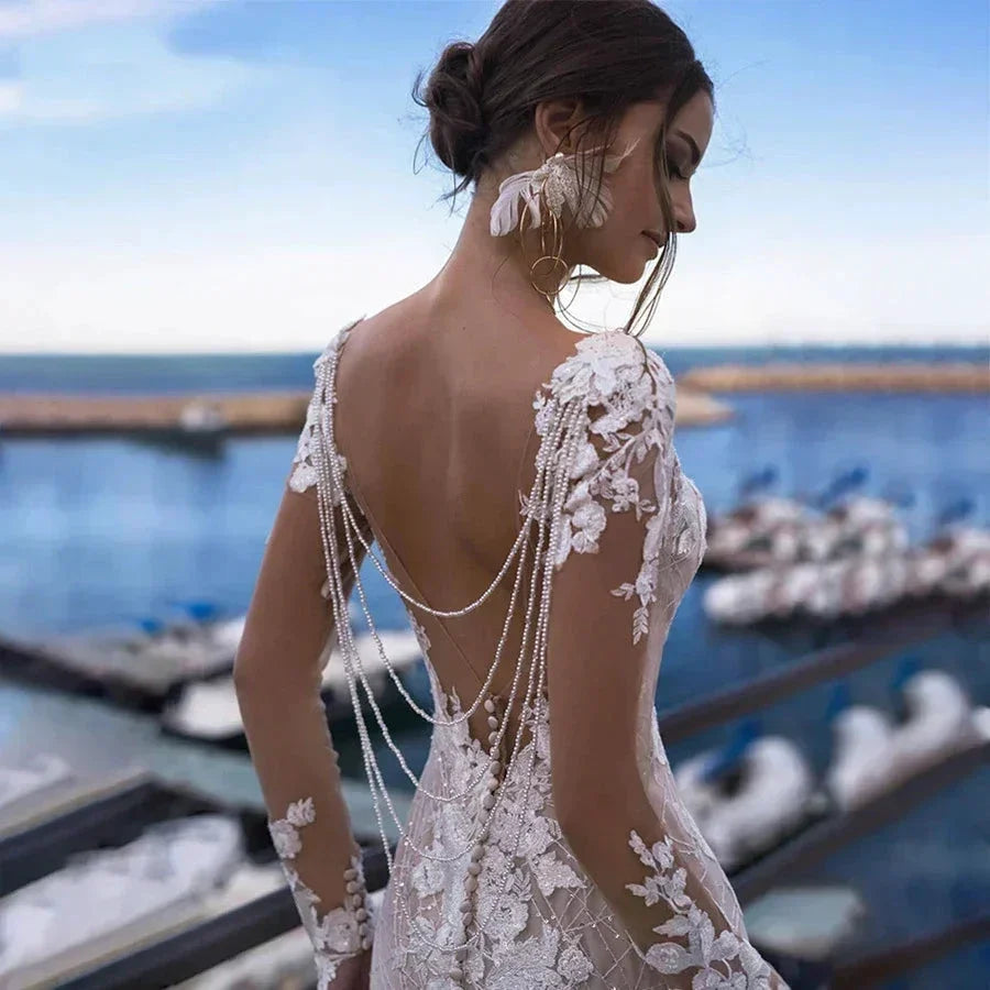 Mermaid Wedding Dress Sexy Women's Backless Long Sleeve Bridal Gowns Embroidery Applique Lace Beach Wedding Party Vesido Noiva (ZD14179)
