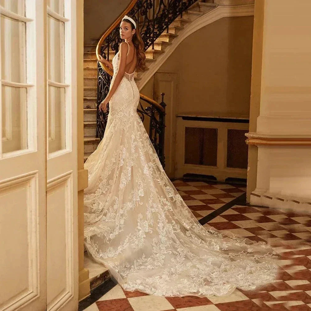 Mermaid Wedding Dresses 2023 Women's Sexy V-neck Lace Applique Spaghetti Shoulder Strap Vestido De Novia Bridal Gowns Backless (ZD14159)