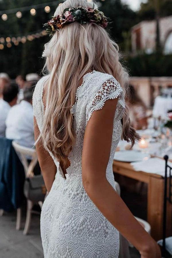 Mermaid Backless Lace Boho Cap Sleeve Bohemian Wedding Dress (ZD15323)