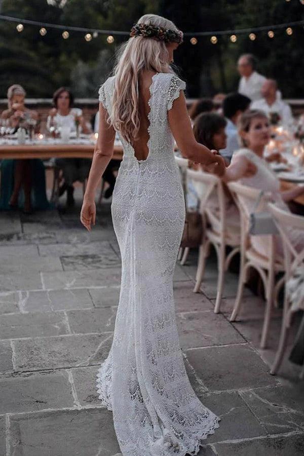 Mermaid Backless Lace Boho Cap Sleeve Bohemian Wedding Dress (ZD15323)