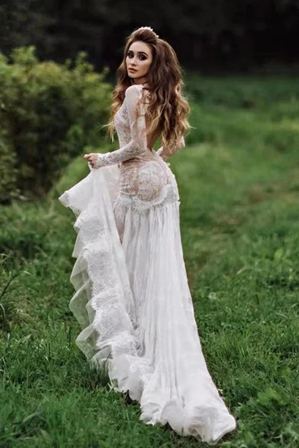 Mermaid Backless Long sleeves Lace Bohemian Wedding Dresses (ZD16092)