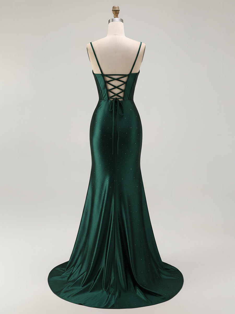 Mermaid Corset Spaghetti Straps Long Prom Dress with Slit
