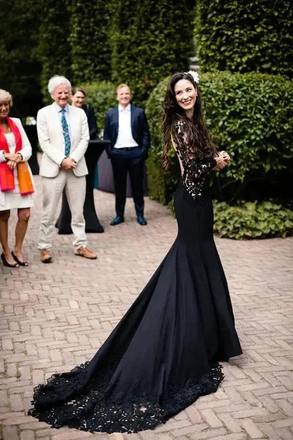 Mermaid Floral Black Wedding Dress Long Sleeve Wedding Gown WD742 by pgmdress