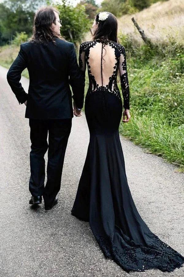 Mermaid Floral Black Wedding Dress Long Sleeve Wedding Gown (ZD16083)