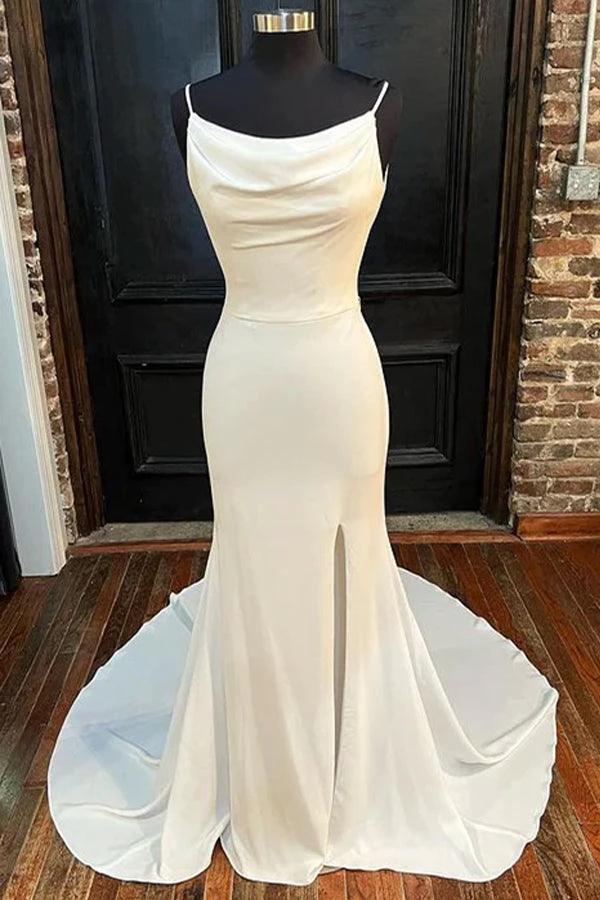 Mermaid Ivory Cowl Neck Backless Long Wedding Dress with Slit (ZD16188)