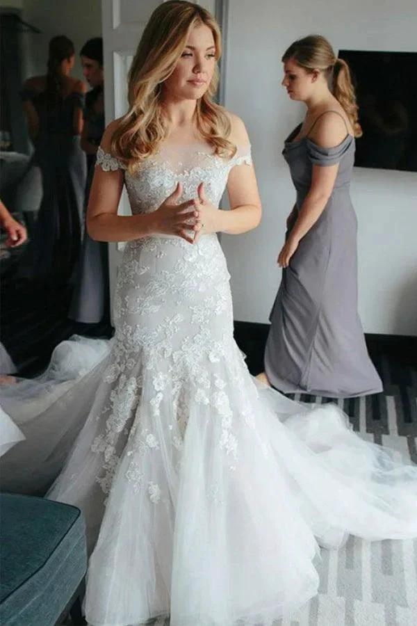 Mermaid Off-the-Shoulder Court Train Tulle Wedding Dress with Appliques (ZD15446)