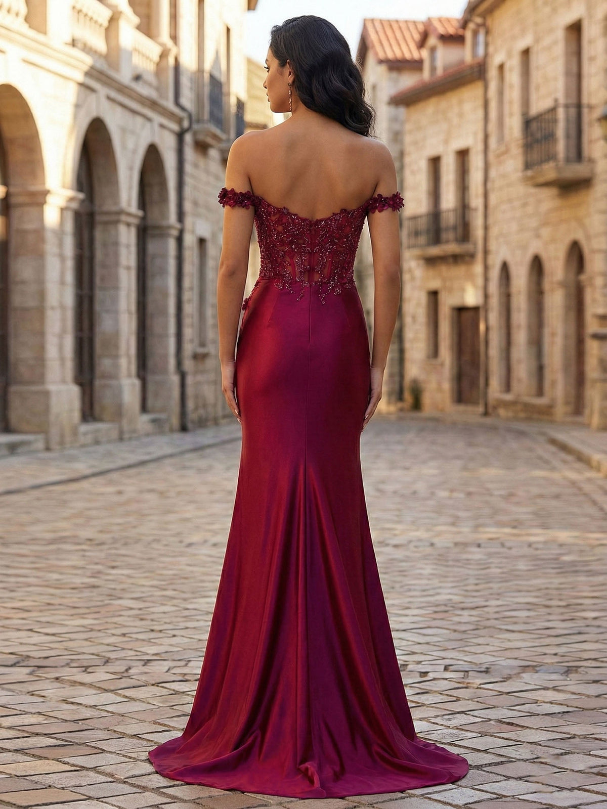 Mermaid Off-The-Shoulder Floral Corset Long Prom Dress with Slit - View 2 | FashionDia