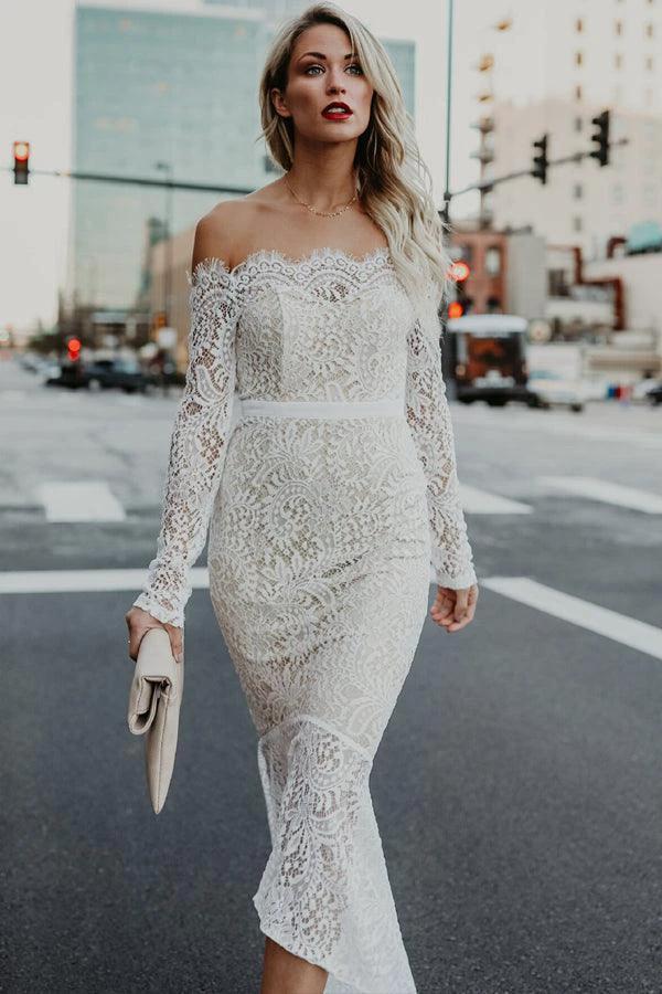 Mermaid Off-the-Shoulder High Low Lace Wedding Dress with Long Sleeves (ZD16371)