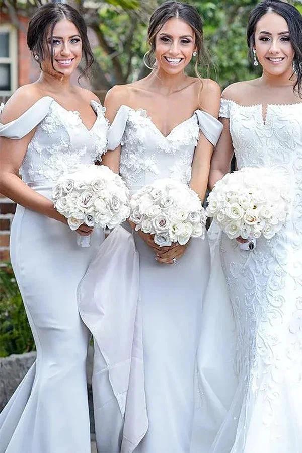 Mermaid Off The Shoulder Gray Bridesmaid Dress With Appliques BD104 by pgmdress