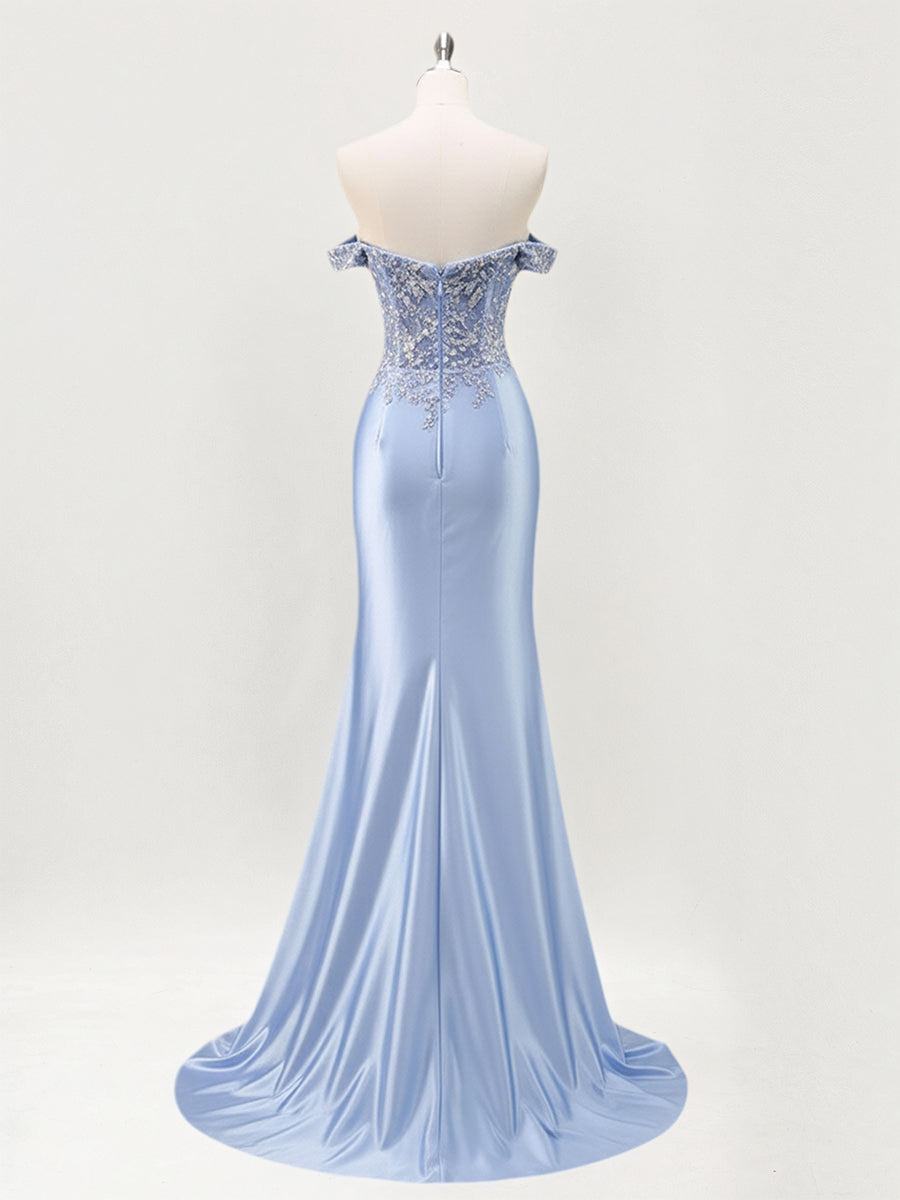 Mermaid Off The Shoulder Sequins Beaded Prom Dress with Slit