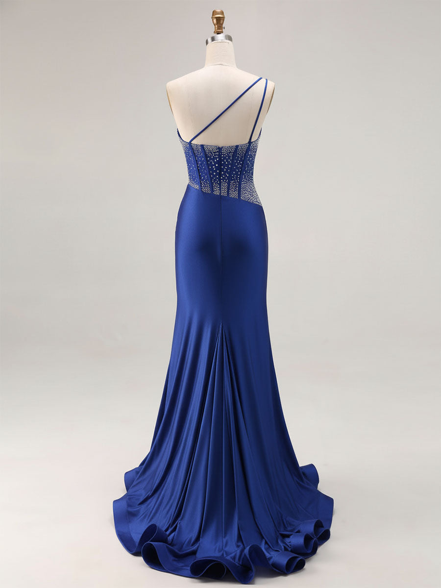 Mermaid One Shoulder Corset Long Prom Dress With Beading