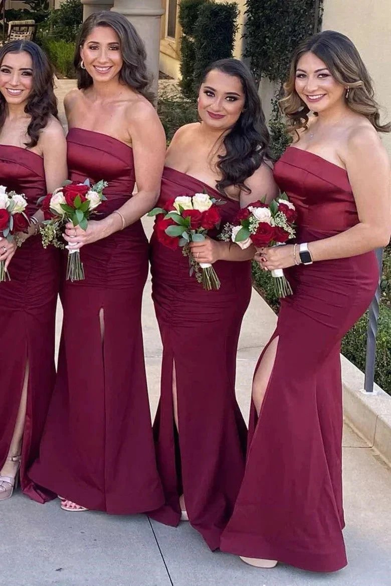 Mermaid Satin Strapless Burgundy Bridesmaid Dress with Slit (ZD12836)