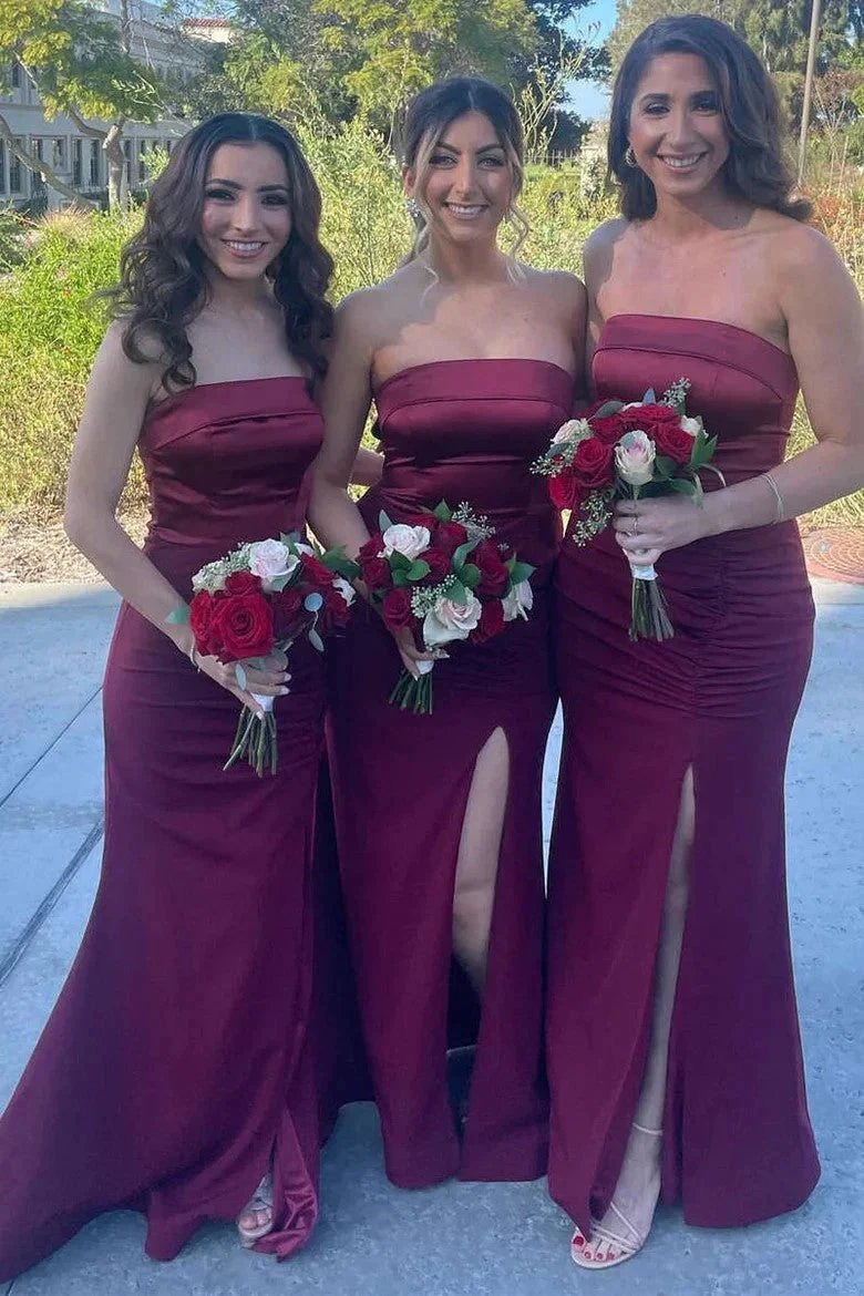 Mermaid Satin Strapless Burgundy Bridesmaid Dress with Slit (ZD12836)