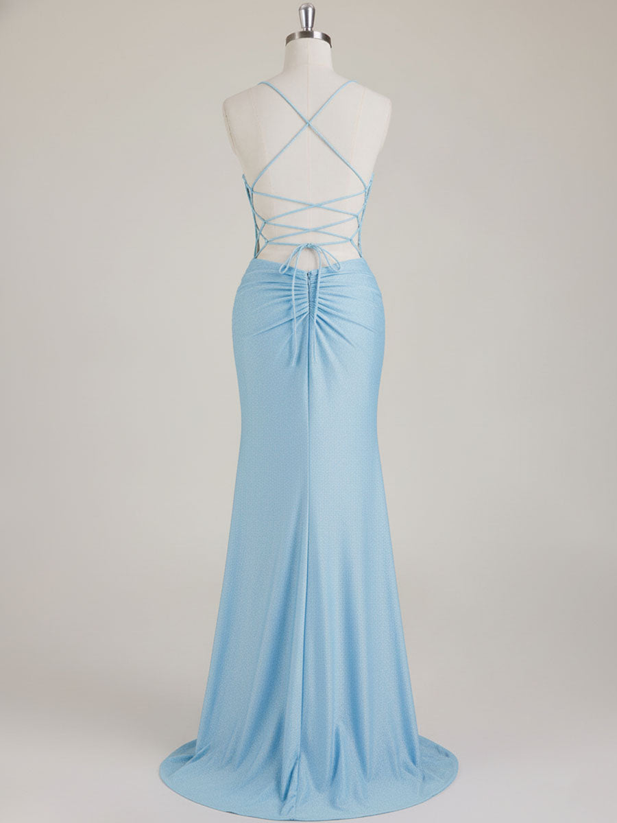 Mermaid Spaghetti Straps V-Neck Sequins Prom Dress with Slit