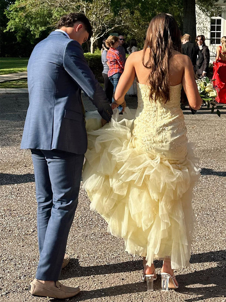 Mermaid Strapless Appliques Ruffles Hem Long Prom Dress