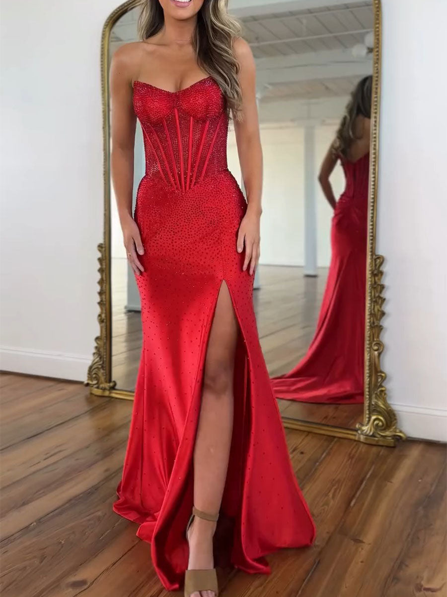 Mermaid Strapless Corset Beaded Long Prom Dress with Slit